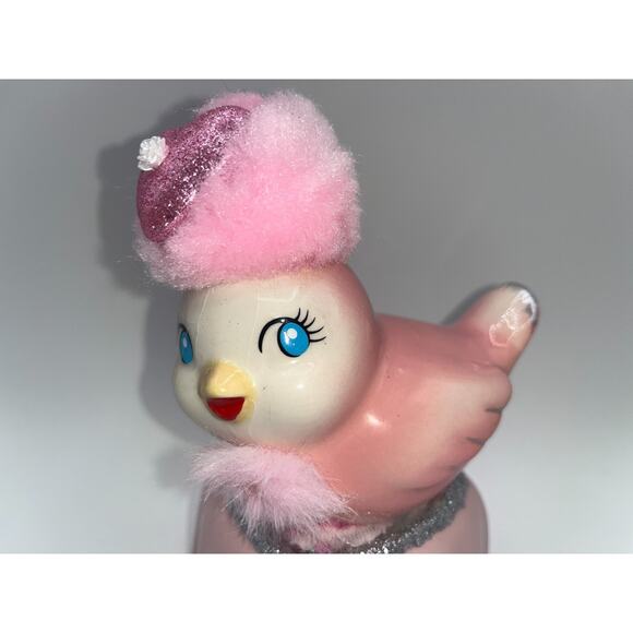 Vintage Pink Ceramic Bird Valentine Day Pink Heart Poofy Hat Fur Princess OOAK - Picture 3 of 16